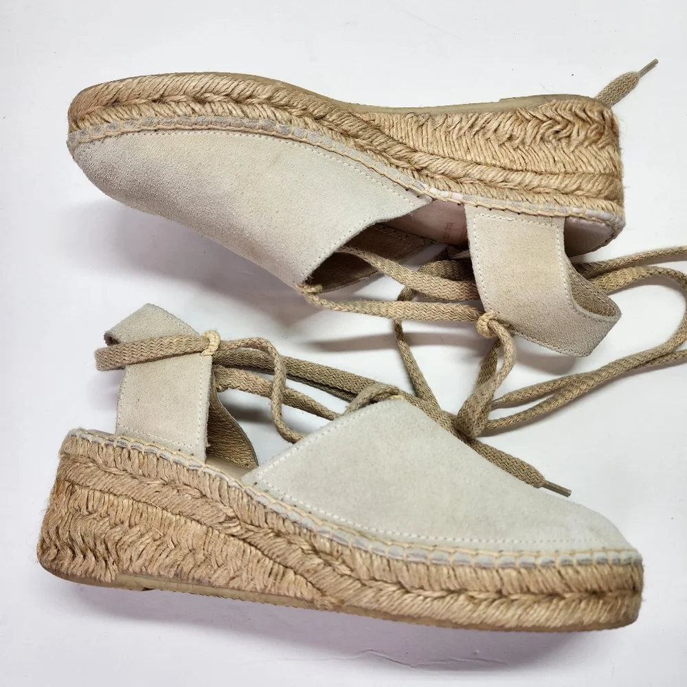 J. JILL Cream Suede Leather Espadrille Small Wedge Heel Shoe Lace Wrap 6